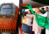 Ashwani Vaishnaw, Dr Jitendra Singh and Omar Abdullah flag off Jammu-Srinagar Vande Bharat at Jammu Railway Station on Thursday. -Excelsior/Rakesh