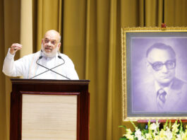 Union Home Minister Amit Shah delivering R N Kao memorial lecture in New Delhi on Friday.