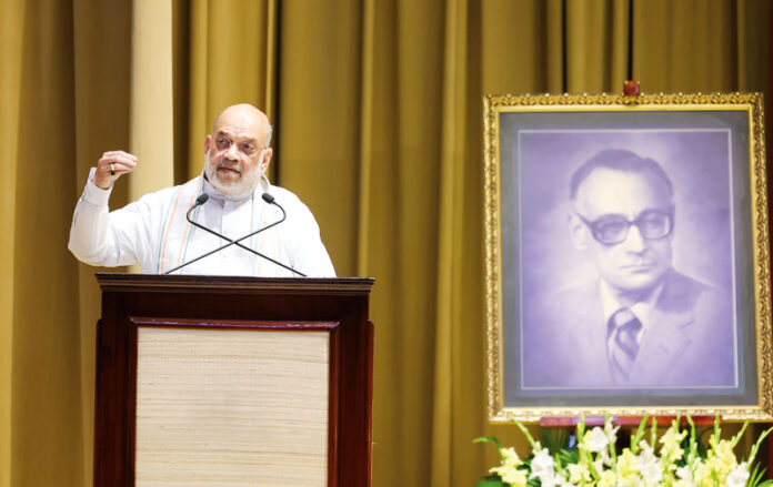 Union Home Minister Amit Shah delivering R N Kao memorial lecture in New Delhi on Friday.
