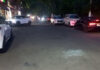 Shattered glass seen on the road after exchange of fire between police and suspected gangsters at Mini Market area, Gandhi Nagar in Jammu on Tuesday.