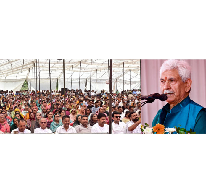 LG Manoj Sinha addressing a gathering at Regal in Samba district on Wednesday.