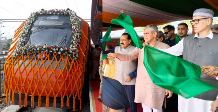 Ashwani Vaishnaw, Dr Jitendra Singh and Omar Abdullah flag off Jammu-Srinagar Vande Bharat at Jammu Railway Station on Thursday. -Excelsior/Rakesh