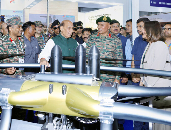 Minister for Defence, Rajnath Singh, along with GOC-in-Chief Northern Command, Lt Gen Pratik Sharma and others during the inaugural ceremony of the North Tech Symposium in Prayagraj, Uttar Pradesh, on Monday. ( UNI )