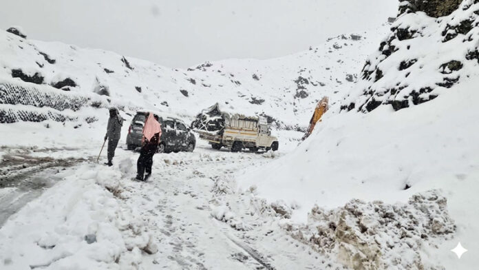 Vehicles trapped in snow near Pir Ki Gali on Mughal Road on Monday. - Excelsior/Imran