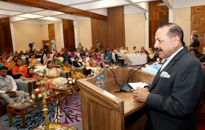 Union Minister Dr Jitendra Singh during the 4th edition of Shakti Samvad in Srinagar on Sunday. -Excelsior/Shakeel