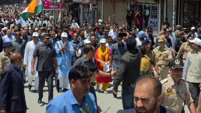 LG Manoj Sinha leading a padyatra against drug menace in Bandipora. -Excelsior/Firdous LG Manoj Sinha leading a padyatra against drug menace in Bandipora. -Excelsior/Firdous