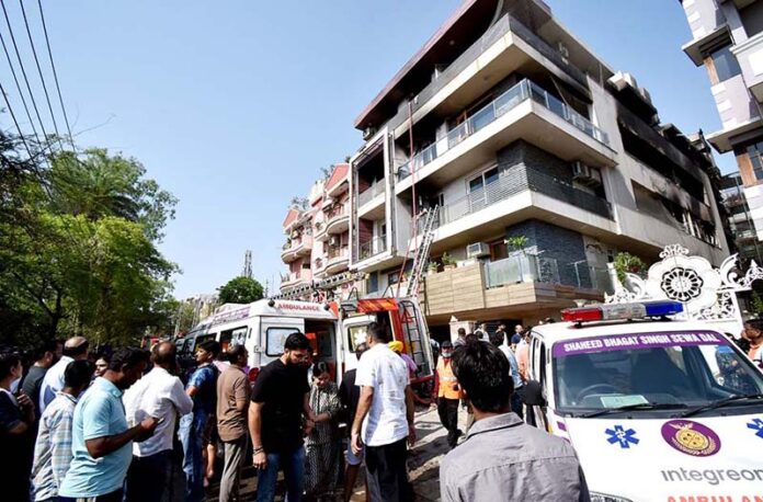 A view of the burnt house where 9 people died at Vivek Vihar, in New Delhi on Sunday. (UNI)