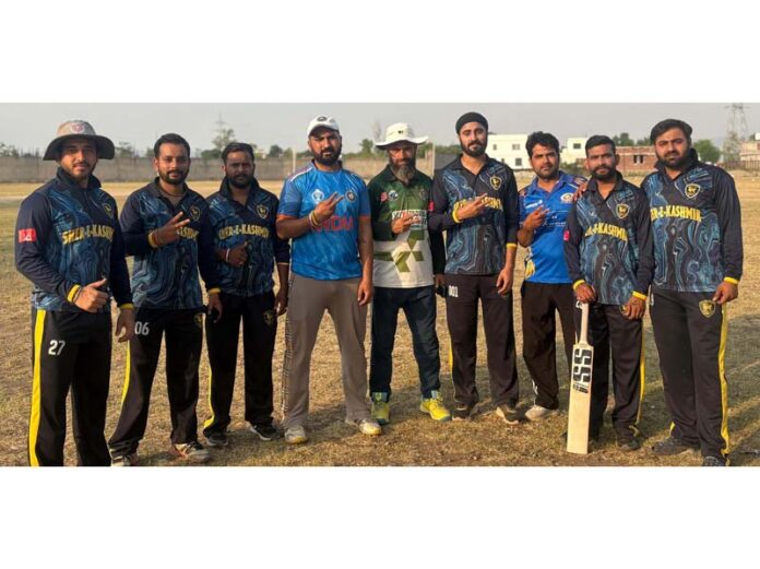 Winning team posing for a group photograph.