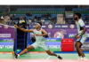 Satwiksairaj Rankireddy and Chirag Shetty in action during a Thomas Cup match.