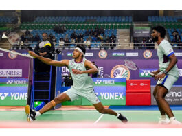 Satwiksairaj Rankireddy and Chirag Shetty in action during a Thomas Cup match.