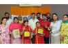 Dancers from Udhampur who have been selected to represent the region in International Dance Competition at Nepal posing for a photograph with senior leaders of Udhampur after their felicitation on Saturday.