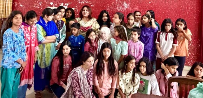 The BBBP team along with students of the School for Blinds posing for a group photograph in Jammu on Sunday.