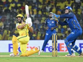 CSK’s player Ruturaj Gaikwad playing a shot during a match.