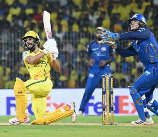 CSK’s player Ruturaj Gaikwad playing a shot during a match.