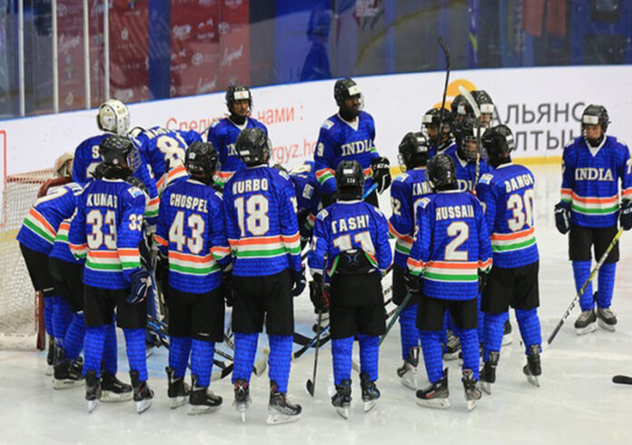 Indian ice hockey team during U-18 Ice Hockey Asia Cup match.