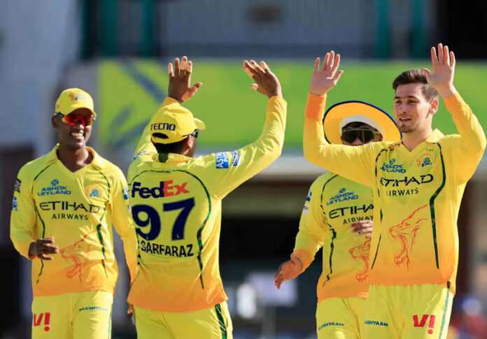 CSK players celebrating after taking a wicket in a match against LSG in Chennai on Sunday.