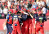 RCB players celebrating after taking wicket in match against PBKS in Dharamshala on Sunday.