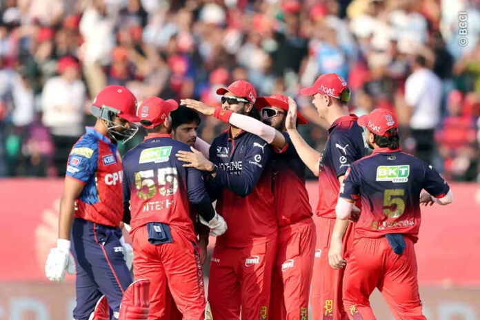 RCB players celebrating after taking wicket in match against PBKS in Dharamshala on Sunday.