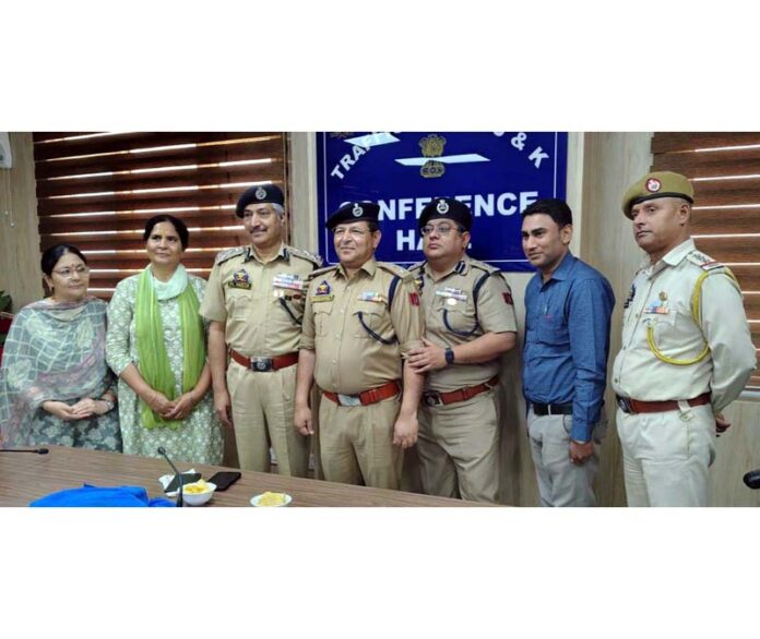 Newly promoted SP Ramesh Chander Kataria along with senior traffic police officers at RTHQ Jammu on Wednesday.