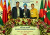 Newly elected President of South Asian Wushu Federation Bhupender Singh Bajwa posing along with J&K's Vijay Saraf and Kuldeep Handoo during a programme in Sri Lanka.