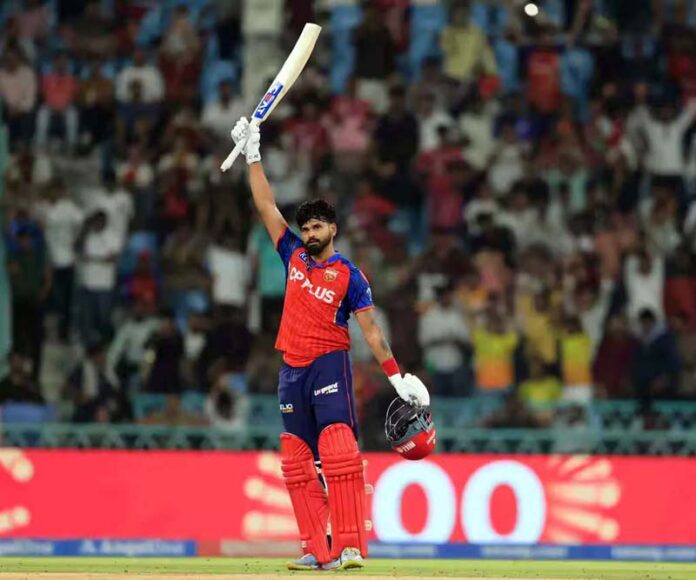 Shreyas Iyer raising his bat after scoring an unbeaten 101 runs against LSG in Lucknow on Saturday. Shreyas Iyer raising his bat after scoring an unbeaten 101 runs against LSG in Lucknow on Saturday.