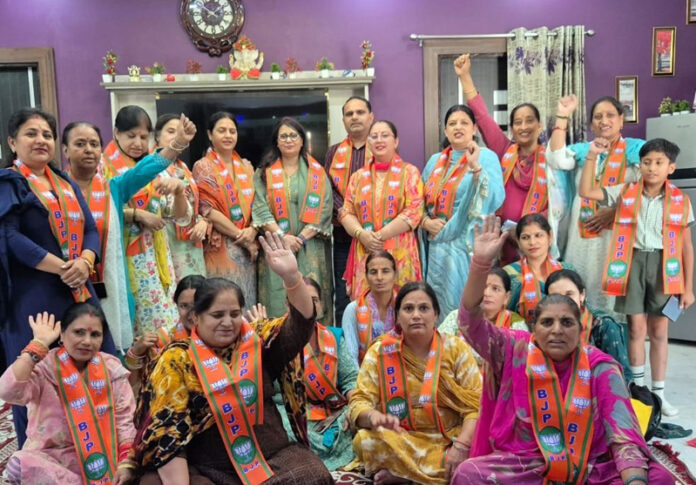 BJP Mahila Morcha activists during a meeting at Jammu on Tuesday.
