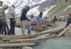 A view of a dilapidated wooden bridge at Thajwas glacier site in Sonamarg. —Excelsior/Firdous Ahmad