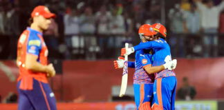 DC players celebrating after defeating PBKS in IPL match at Dharamshala.