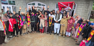 MLA Banihal, Sajjad Shaheen along with others during a tour of Mahakund area of Gool on Monday.