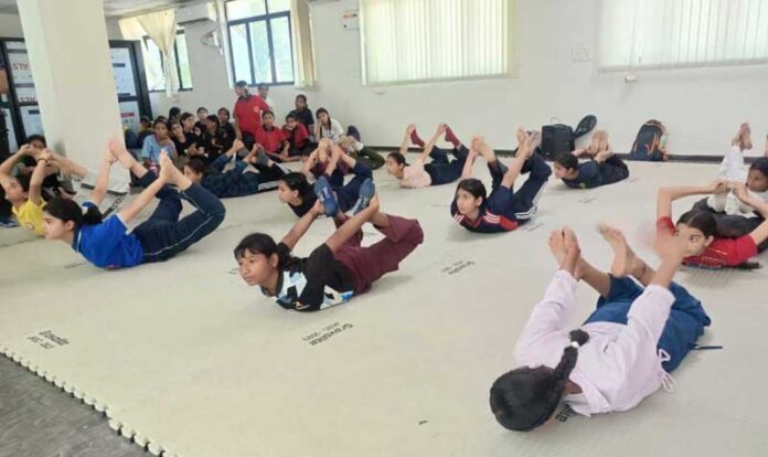 Yoga practitioners performing during Inter-Zonal District Level competitions in Jammu. Yoga practitioners performing during Inter-Zonal District Level competitions in Jammu.