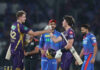 KKR players celebrating after a convincing win over Delhi Capitals in Delhi on Friday.