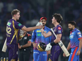 KKR players celebrating after a convincing win over Delhi Capitals in Delhi on Friday.