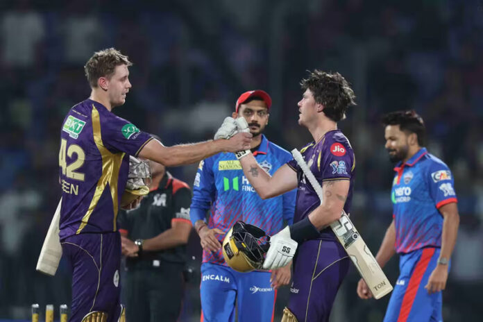KKR players celebrating after a convincing win over Delhi Capitals in Delhi on Friday.