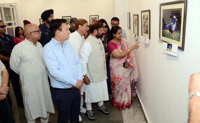 Former Minister Ch. Lal Singh viewing the art works during an exhibition at Kala Kendra, Jammu on Friday.