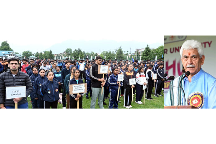 LG Manoj Sinha addressing participants during the inaugural ceremony of the All India Inter-University Wushu Championship at University of Kashmir.