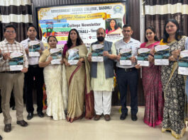 Dignitaries releasing the college newsletter “Vishwasthali” at GDC Basohli during a programme.