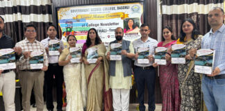 Dignitaries releasing the college newsletter “Vishwasthali” at GDC Basohli during a programme.