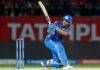 Tilak Varma playing shot during his unbeaten inning of 75 runs against PBKS in Dharamshala.