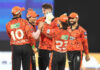 SRH players celebrating after defeating PBKS in IPL match in Hyderabad.