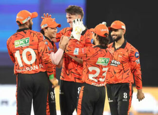 SRH players celebrating after defeating PBKS in IPL match in Hyderabad.