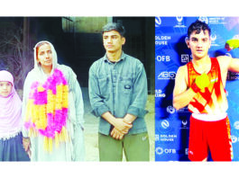 Mohd Yasser's mother and siblings outside their Rajouri home, while Yasser (R) posing for a photograph during the championship in Uzbekistan. —Excelsior/Imran