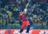 Mitchell Marsh playing a shot during his inning of 90 runs in 38 balls against CSK in Lucknow.