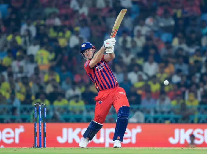 Mitchell Marsh playing a shot during his inning of 90 runs in 38 balls against CSK in Lucknow.