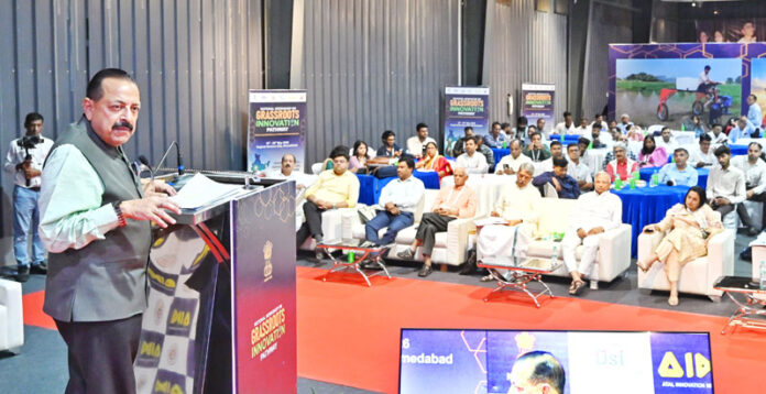 Union Minister Dr Jitendra Singh addressing the inaugural session of National Workshop on “Grassroots Innovation Pathways”, organised by NITI Aayog at Gujarat Science City, Ahmedabad on Tuesday.