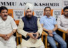 BJP national spokersperson R.P. Singh along with other party leaders during a press conference in Srinagar on Monday. — Excelsior/Shakeel