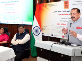 Union Minister Dr Jitendra Singh speaking after launching CPGRAMS AI-enabled ‘Chatbot’ ‘Samadhan Didi’, at Kartavya Bhawan, New Delhi, on Saturday.