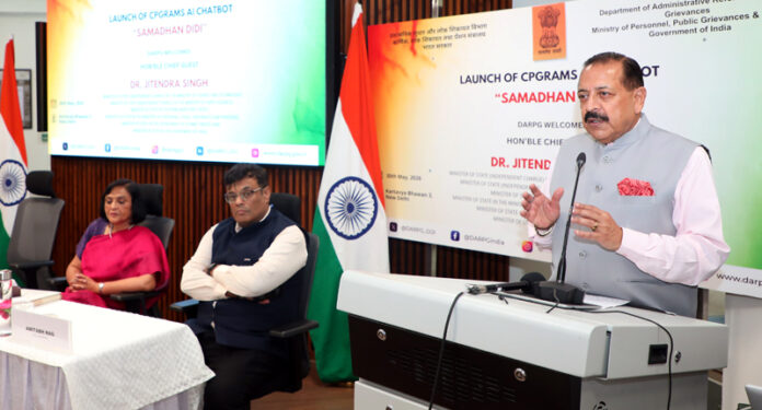 Union Minister Dr Jitendra Singh speaking after launching CPGRAMS AI-enabled ‘Chatbot’ ‘Samadhan Didi’, at Kartavya Bhawan, New Delhi, on Saturday.