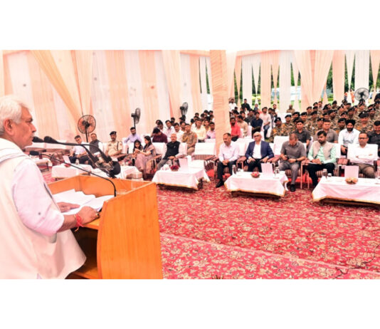LG addressing a gathering at Lok Bhavan, Jammu on Friday.