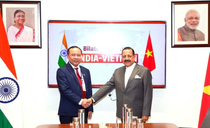 Vietnam Minister of Science and Technology, Prof. Dr Vu Hai Quan, currently on India visit as a part of President To Lam led high level delegation, calling on Union Minister Dr Jitendra Singh at New Delhi.