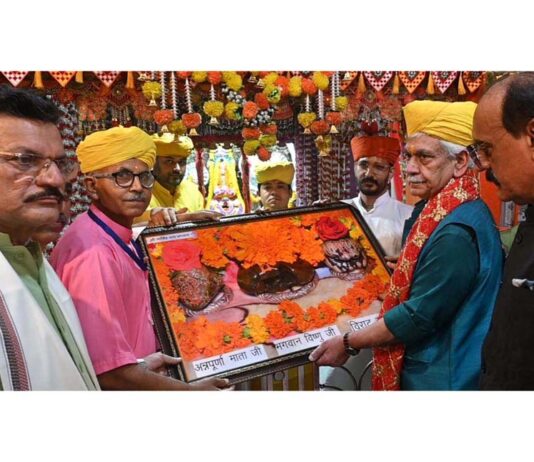 LG during visit to Shri Narsingh Dev Temple at Ghagwal on Wednesday.